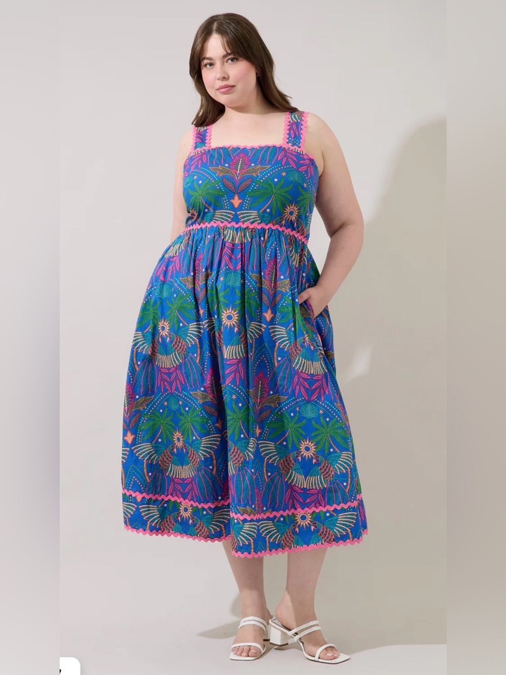 Sugarlips Blue Green Floral Midi Dress with Pink Trim - Picture 2 of 9